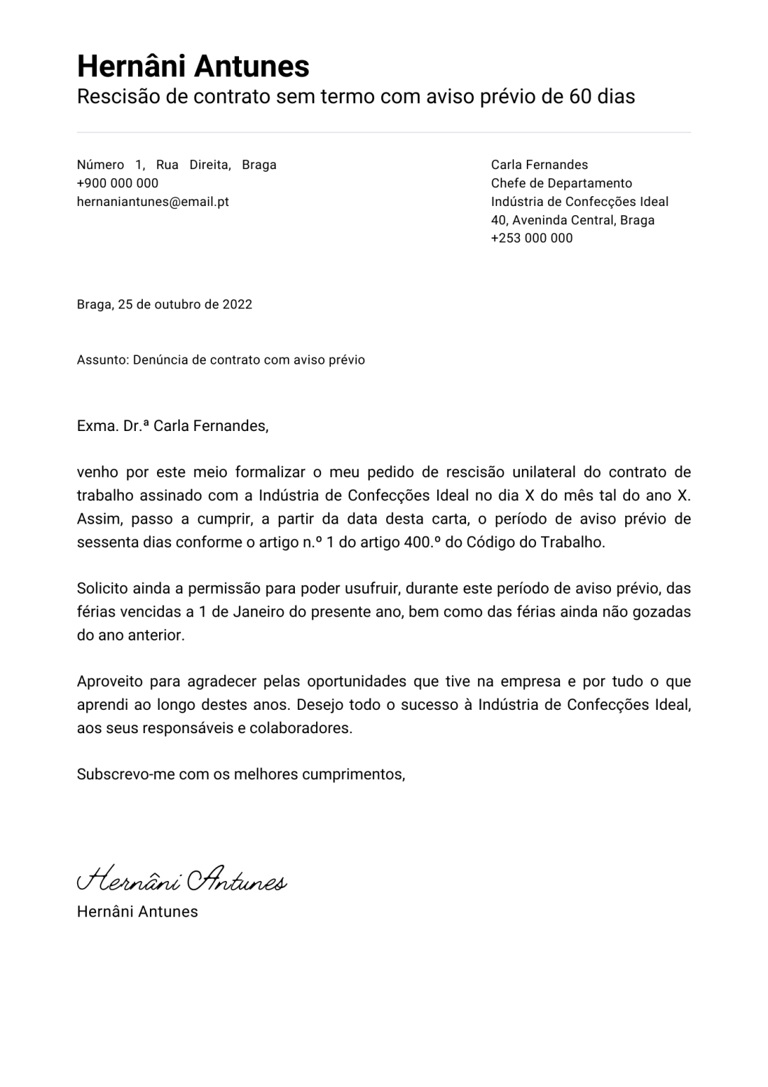 Modelo de carta de despedimento