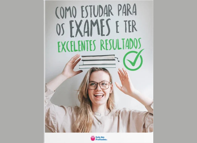 Capa do e-book Como estudar para os exames e ter resultados com jovem mulher de óculos e livros na cabeça.