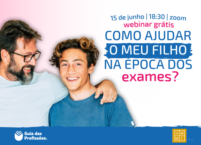 Cartaz de divulgação do webinar "Como ajudar o meu filho na época dos exames?" com um pai de barba e óculos e um filho sorridente.