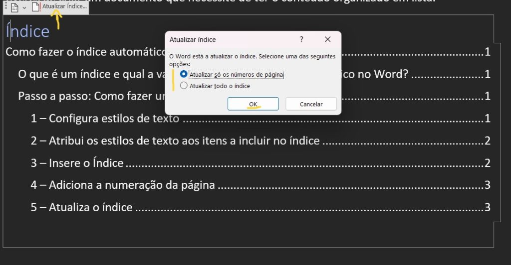 atualizar índice automático do word