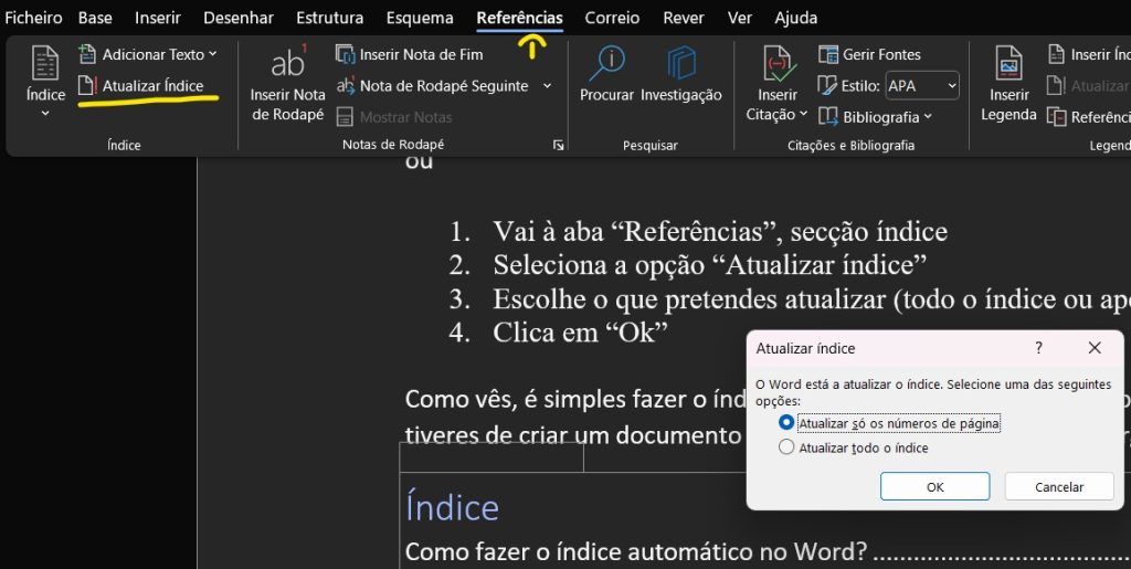 atualizar índice automático do word através da aba referências